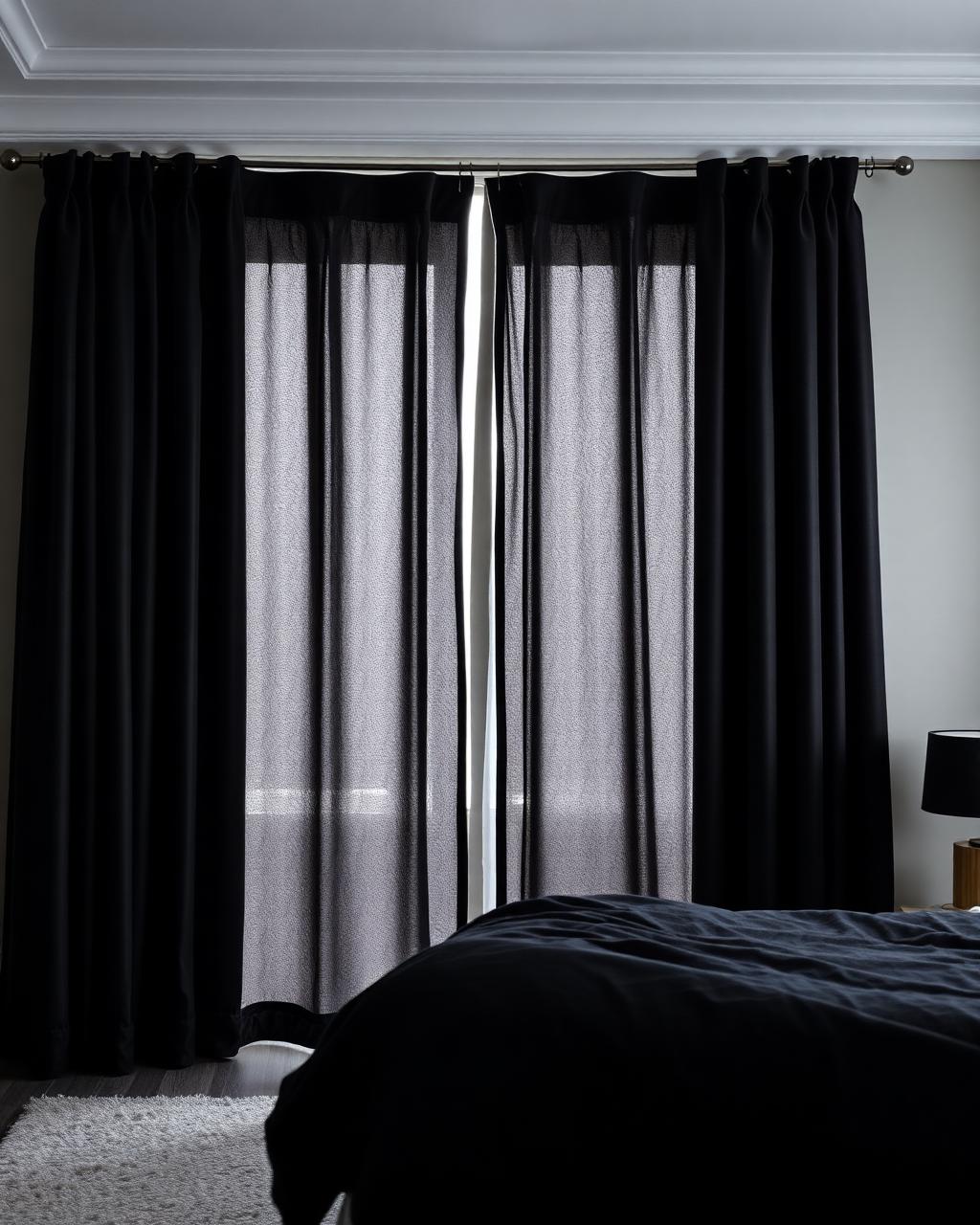 Blackout curtains drawn in a dark luxury bedroom