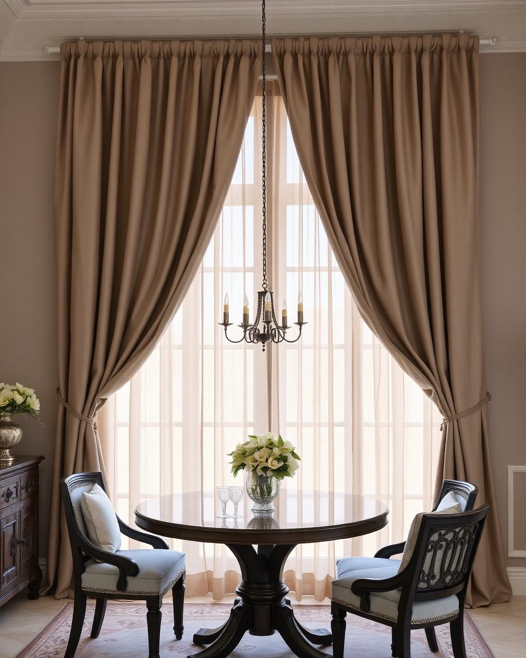 Double layer curtains with sheer inner panel and taupe outer drapes