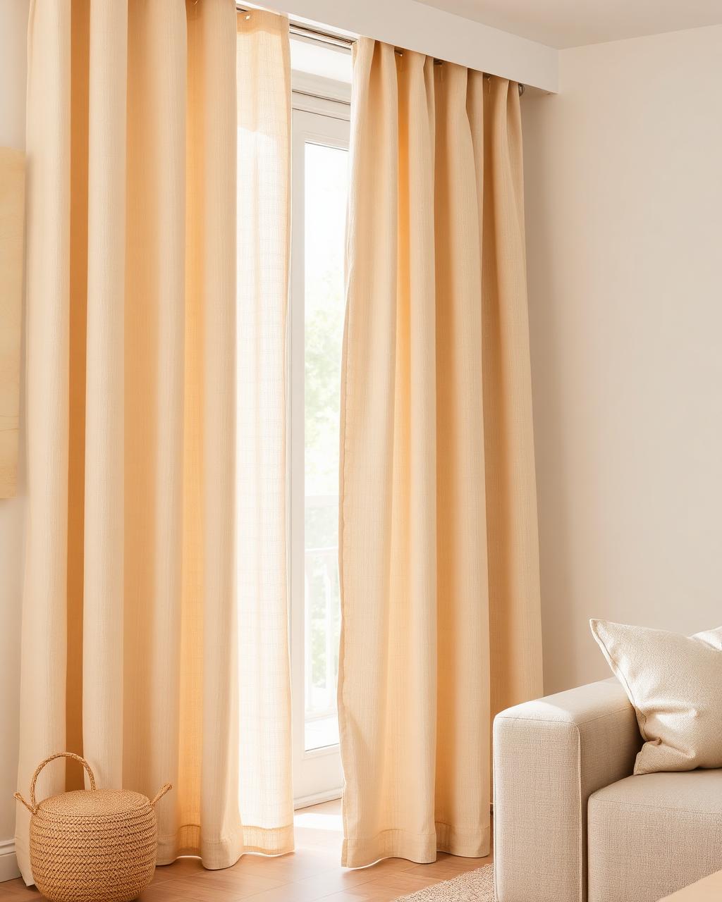 Natural oatmeal linen curtains beside a beige sofa