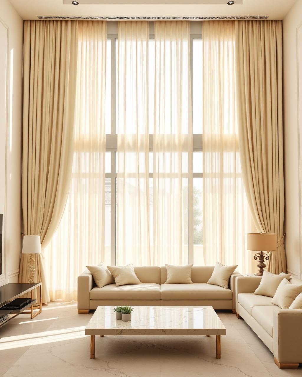 Ivory curtains framing a wide living room window in Riyadh