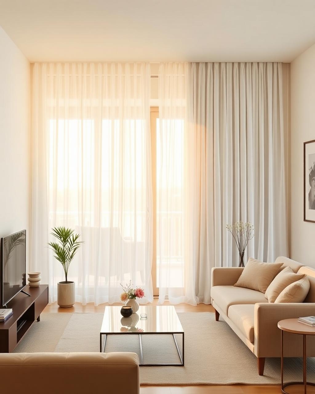 Sheer white voile curtains glowing with daylight in a bright living room