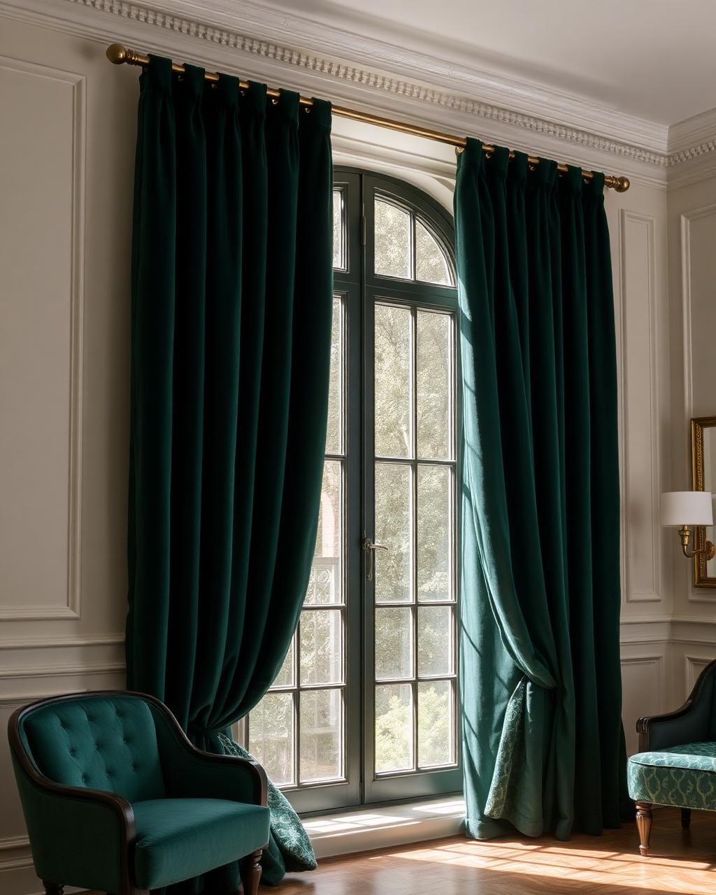 Deep green velvet curtains on a tall window in a classic salon