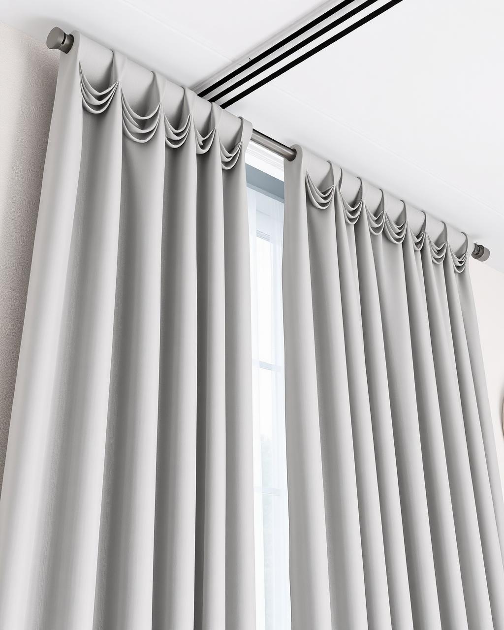 Wave ripple fold grey curtains with uniform folds on a ceiling track
