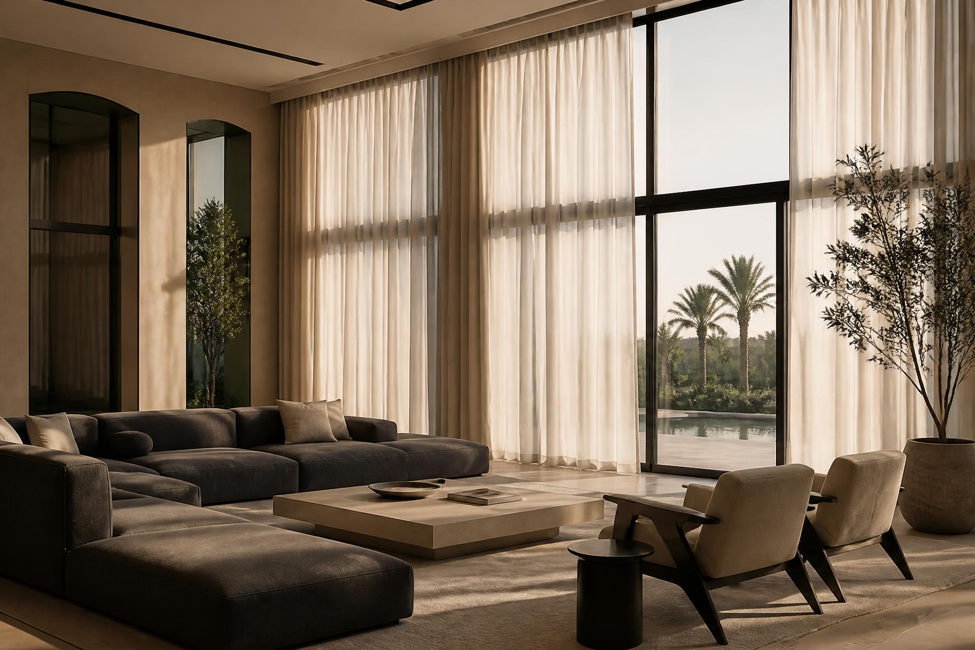 Floor-to-ceiling ivory curtains in a luxury Riyadh villa living room