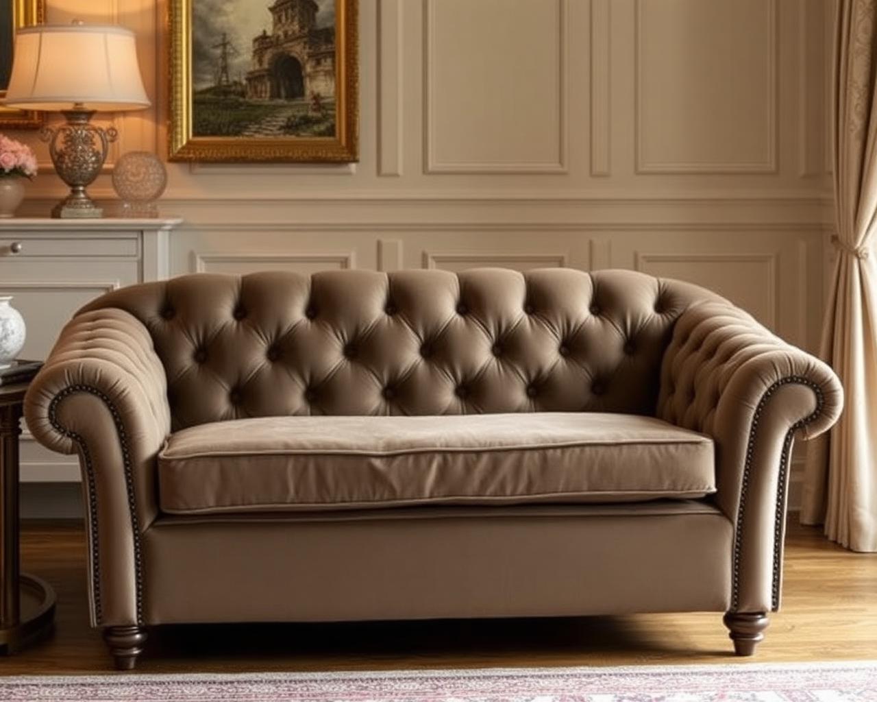 Classic tufted sofa reupholstered in deep taupe velvet