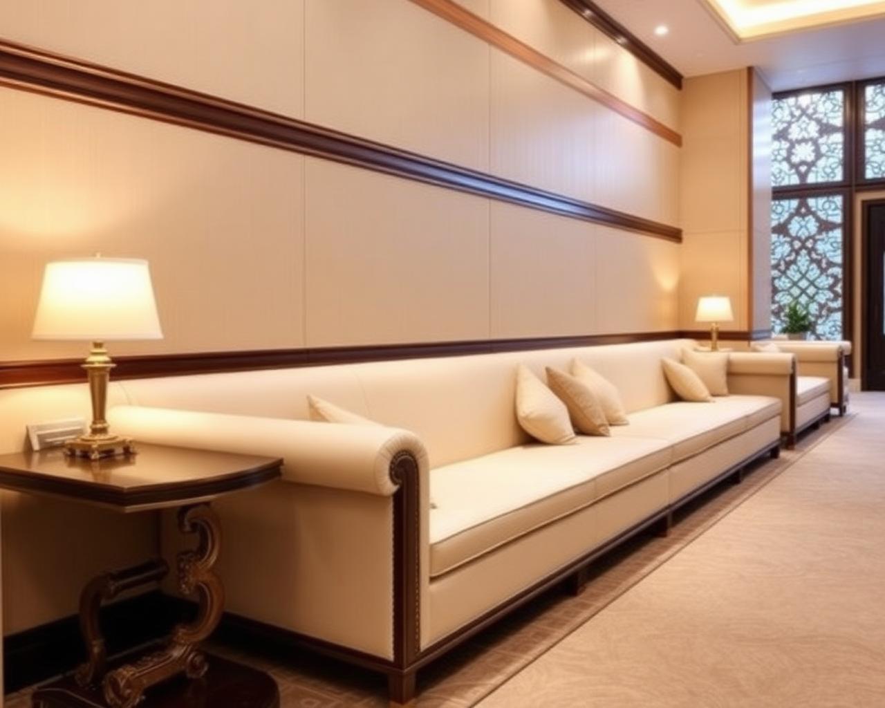 Majlis seating with long custom cream upholstered banquettes