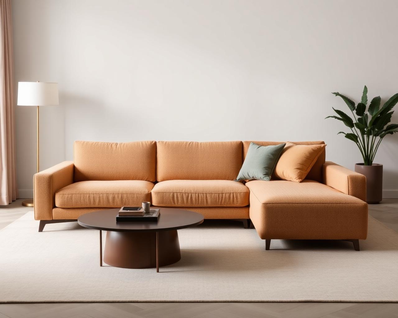 Custom modern sofa in warm beige boucle fabric