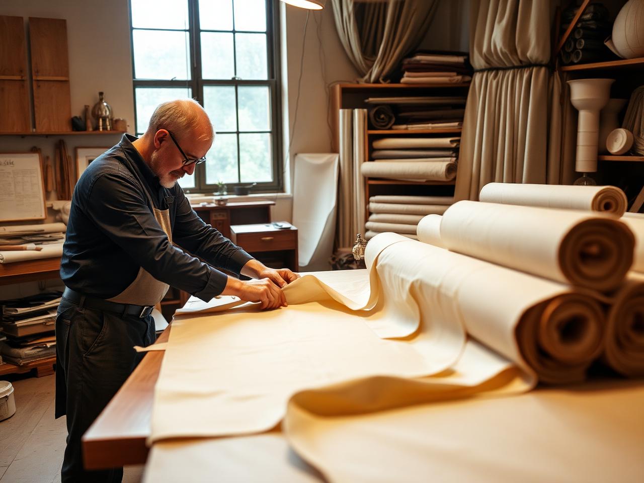 Craftsman measuring and cutting luxury curtain fabric in the workshop